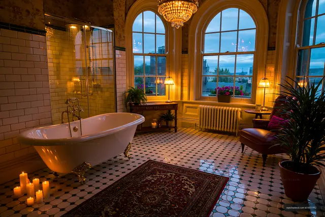 Classic bathroom interior with freestanding tub and arched windows
