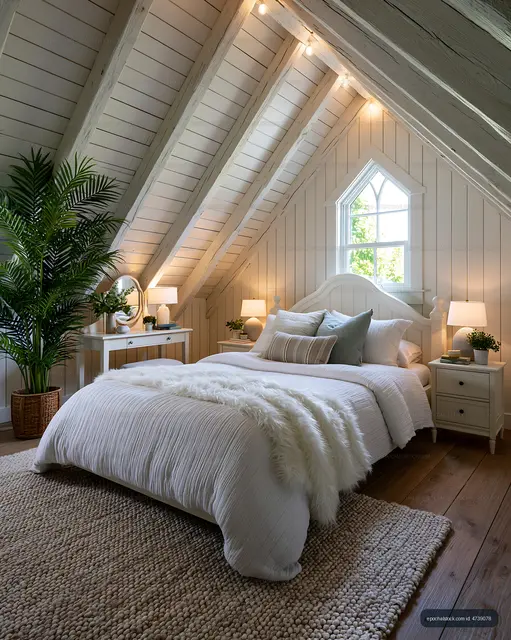 Elegant cozy bedroom beneath a sloped attic ceiling