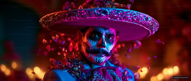 Dramatic colorful portrait with skull makeup and wide-brim hat