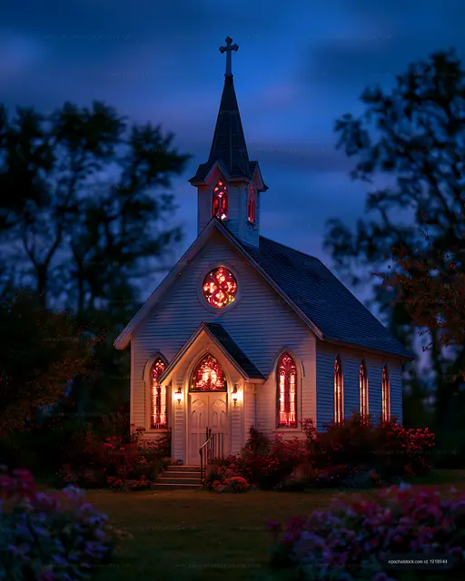 Small church glowing under a deep blue evening sky