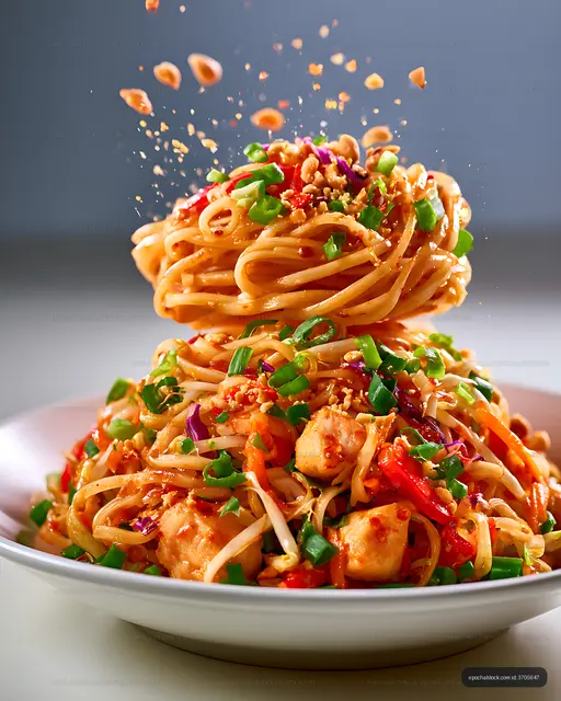 Noodles with vegetables, peanuts, and scattered ingredients