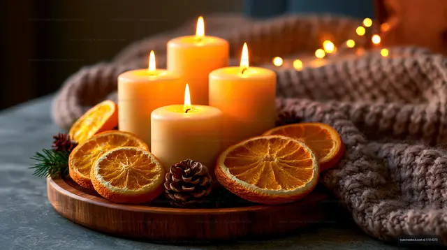 Warm candle still life with citrus, pine cone, and soft lights