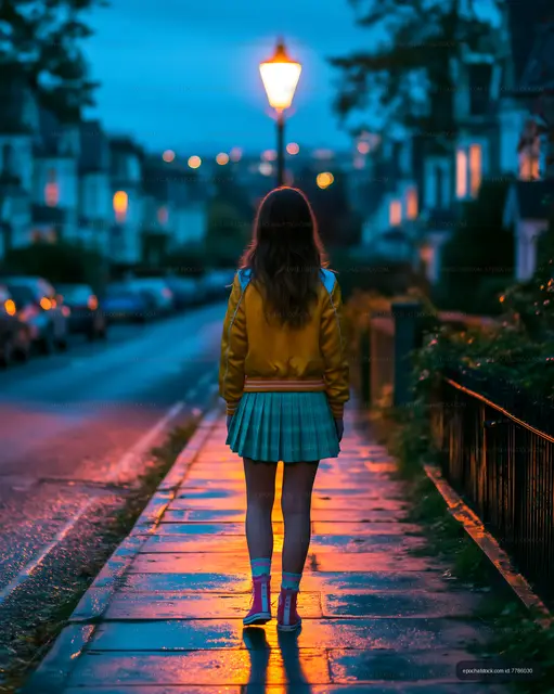 Back view of a girl walking under streetlights after rain