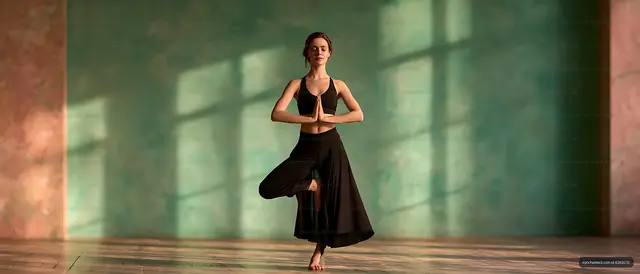 Calm yoga balance pose in a sunlit studio