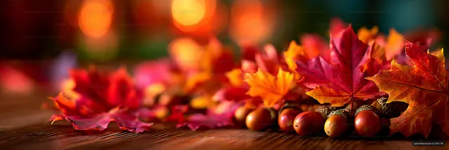 Autumn maple leaves and acorns on rustic wood