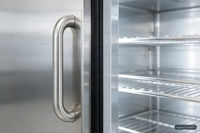 Open medical storage refrigerator with empty shelves