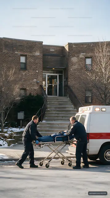 Two paramedics moving a stretcher near an ambulance