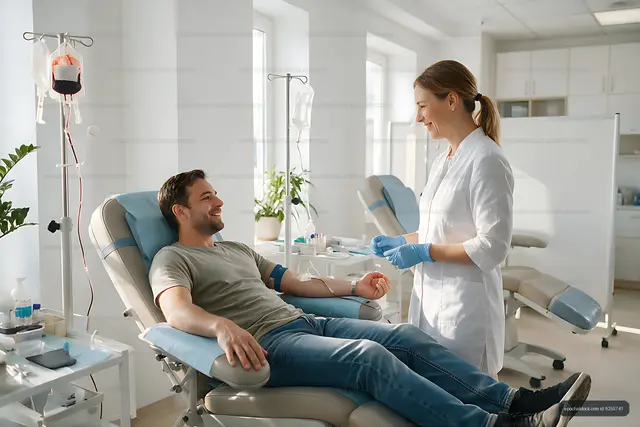 Blood donation scene with reclining donor and healthcare worker