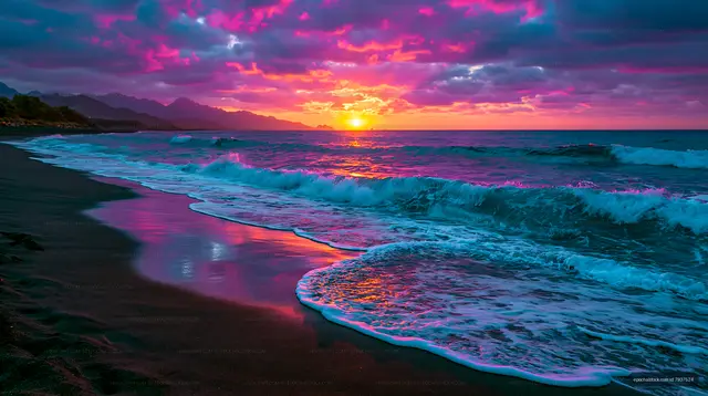 Dramatic pink and blue sunset over a beach