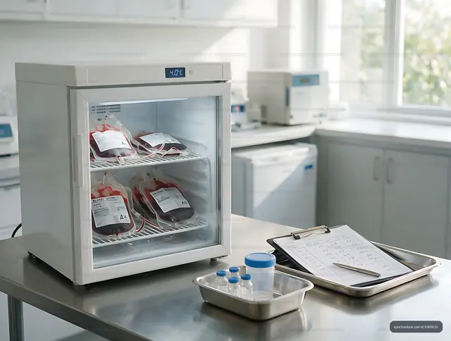 Laboratory refrigerator with stored blood bags and supplies