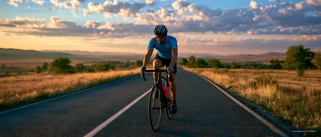 Cyclist traveling through fields at sunset