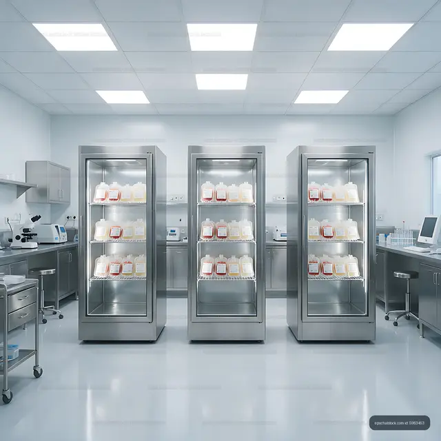 Blood bank refrigerators holding blood bags