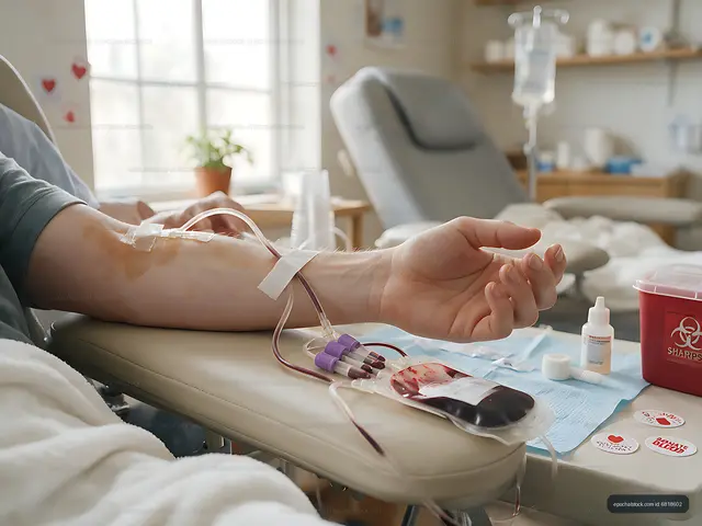 Blood donor reclining in chair with collection equipment