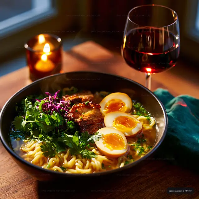 Garnished ramen bowl beside wine and candle