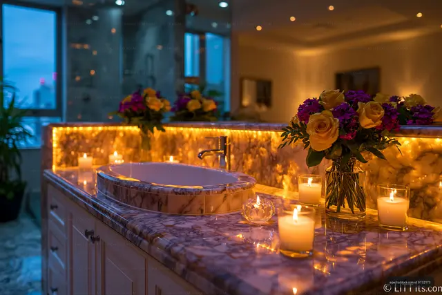 Warm candlelit bathroom interior with flowers