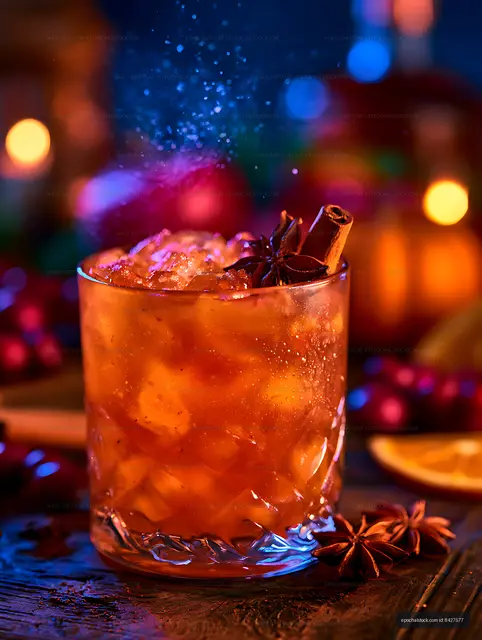 Vibrant orange cocktail with crushed ice and spice garnish