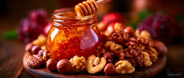 Golden honey jar surrounded by assorted nuts