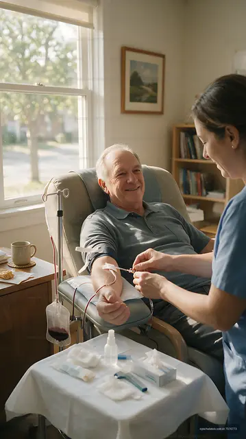 Blood donor reclining in chair during collection