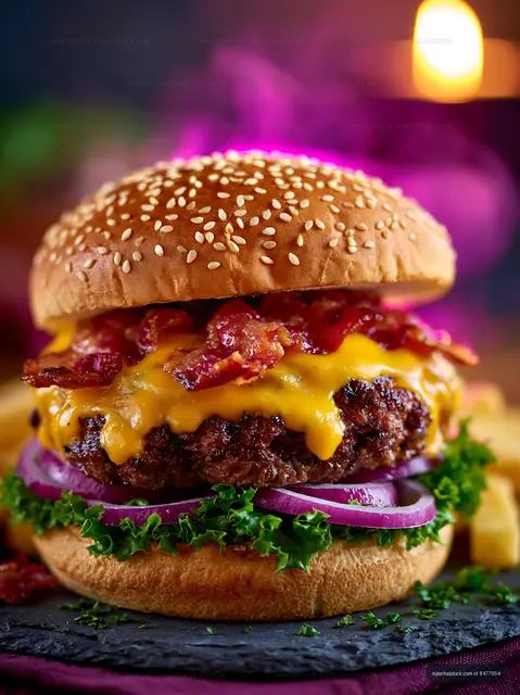 Bacon cheeseburger with sesame bun on dark serving board