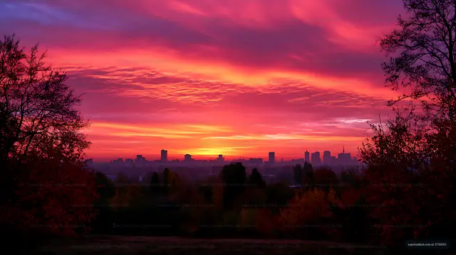 Dramatic pink sunset above city skyline