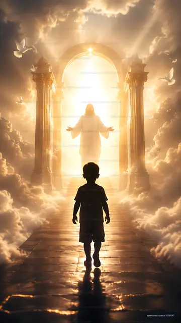 Child walks toward bright archway with figure in clouds