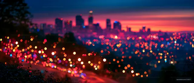 Vivid blurred skyline with colorful city lights
