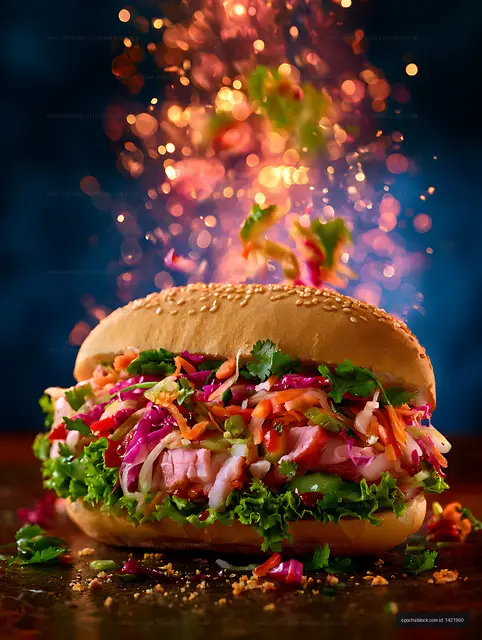 Close-up colorful sandwich with vegetables and sesame bun