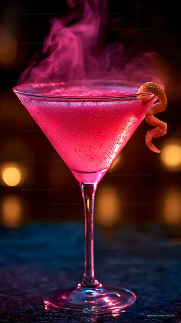 Pink cocktail served in a martini glass with citrus garnish