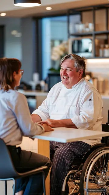 Inclusive restaurant conversation with chef in wheelchair