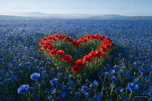 Red flowers form heart shape in blue flower field