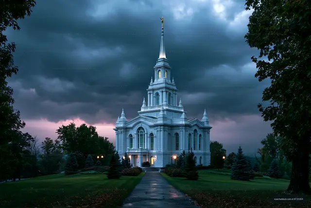 White temple and wet pathway under stormy evening sky