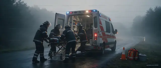 Emergency responders load stretcher beside ambulance
