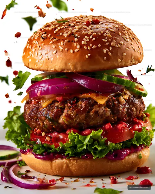Close-up gourmet hamburger with colorful vegetable toppings