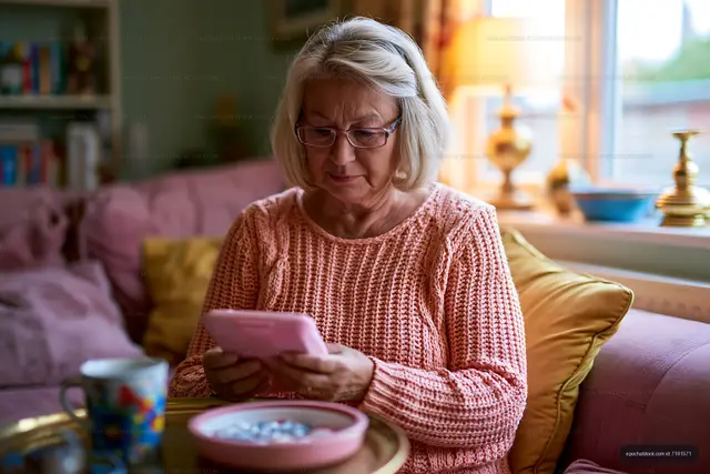 Older woman looking at phone while seated at home