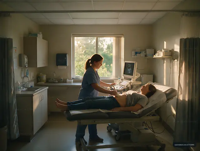Ultrasound scan in a hospital examination room