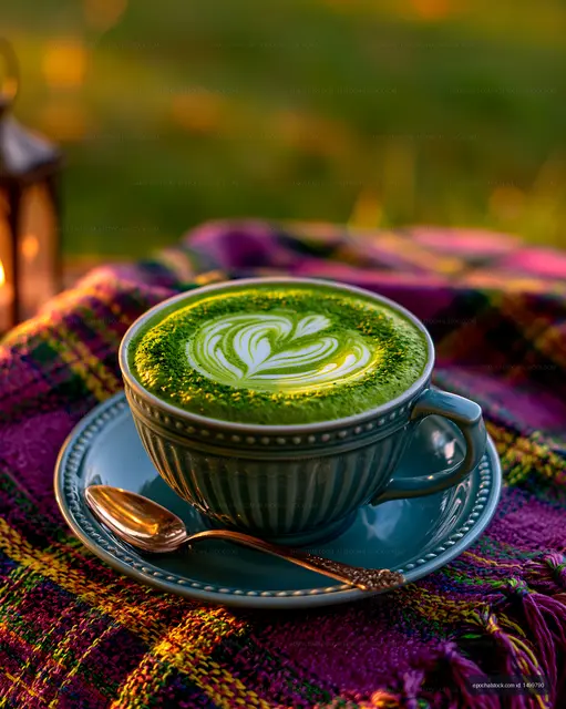 Matcha latte served with heart foam art on colorful fabric