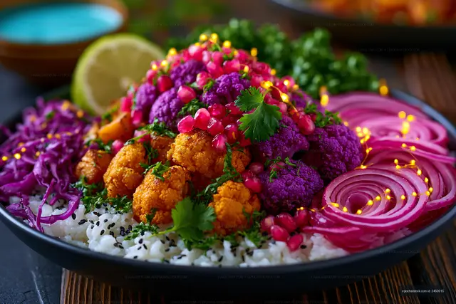 Roasted cauliflower and vegetable rice bowl close-up