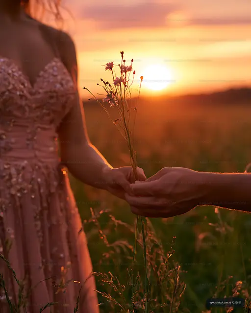 Two people sharing wildflowers at sunset