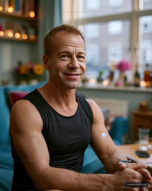Smiling adult man seated at an indoor cafe table