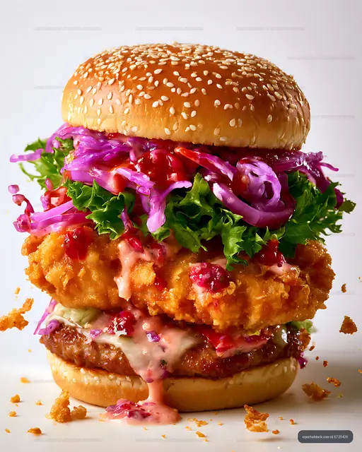 Crispy fried chicken burger overflowing with fresh toppings