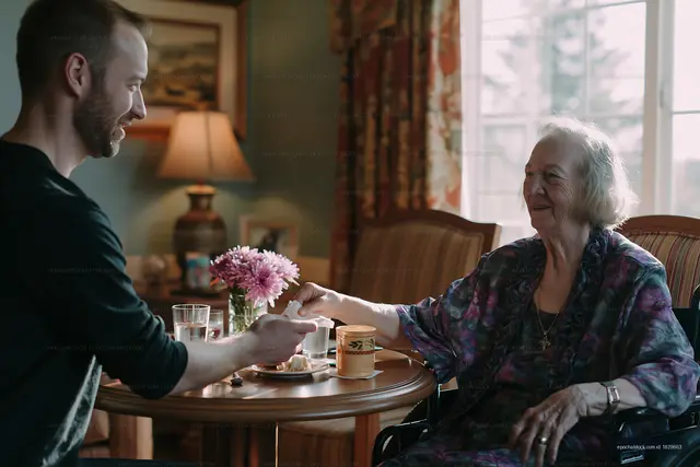 Elderly woman receiving assistance at home during tea