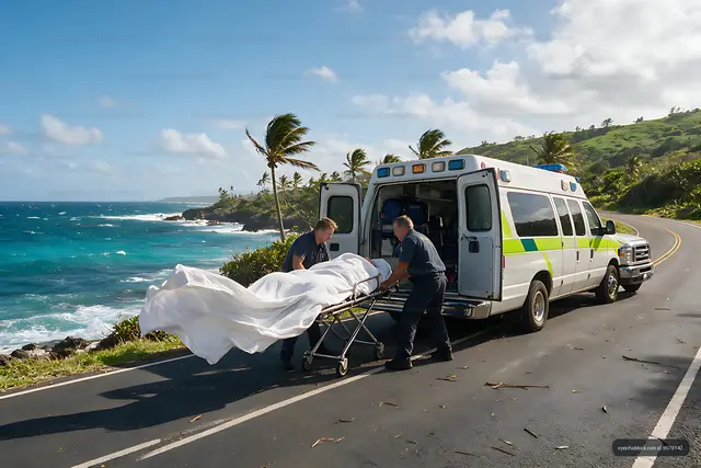 Two medical workers load a stretcher into an ambulance by the sea