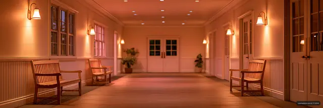 Symmetrical warmly illuminated hallway interior