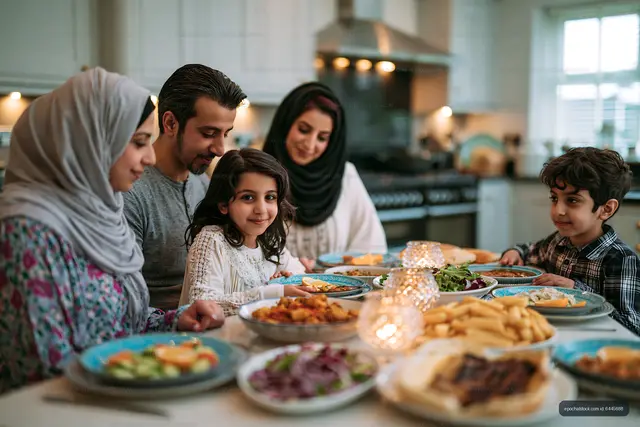 Four family members enjoying dinner together at home