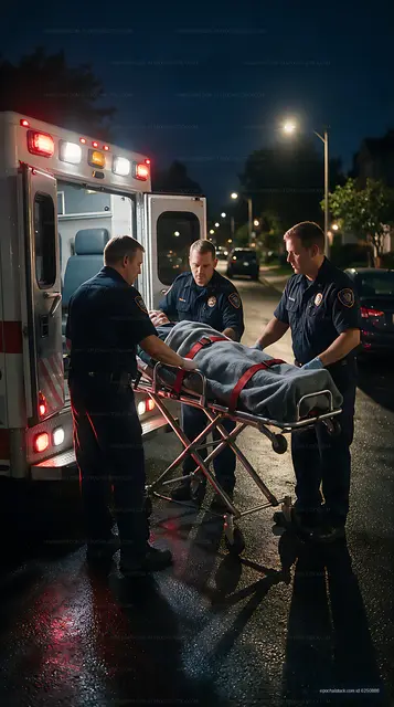 Emergency crew loading a covered stretcher into an ambulance