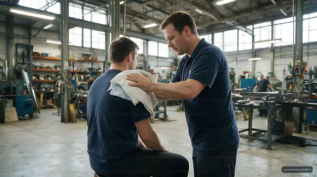 Workplace first aid for shoulder injury in workshop