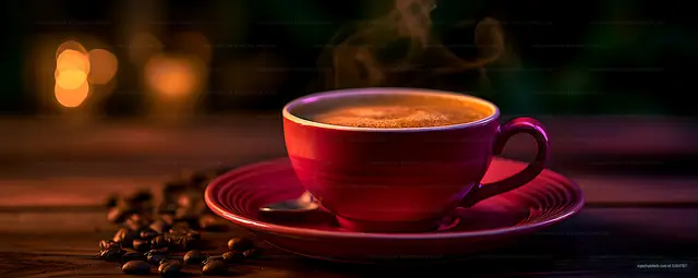 Warm still life of coffee cup and scattered beans