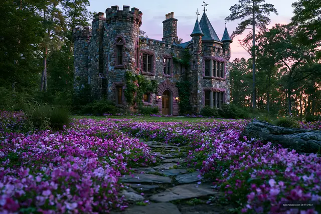 Turreted stone castle with purple flowers at sunset