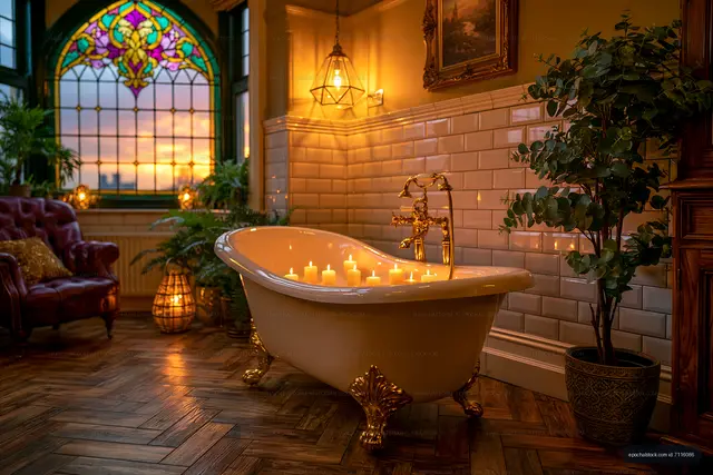 Elegant bathroom with candles and stained glass window