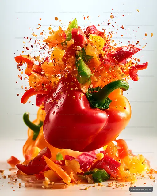 Exploding colorful bell peppers and chopped vegetables